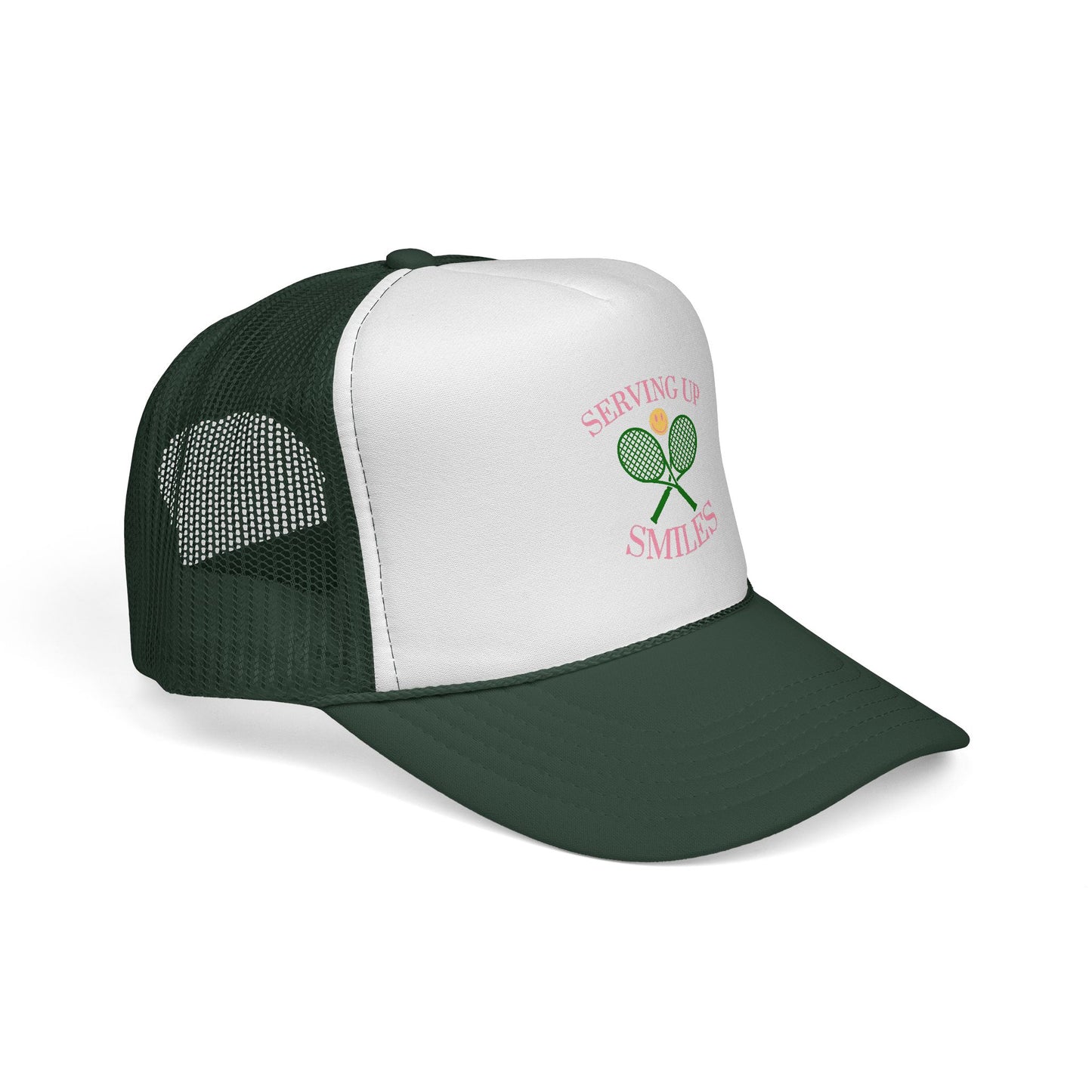 Green and white cap with embroidered design on a white background