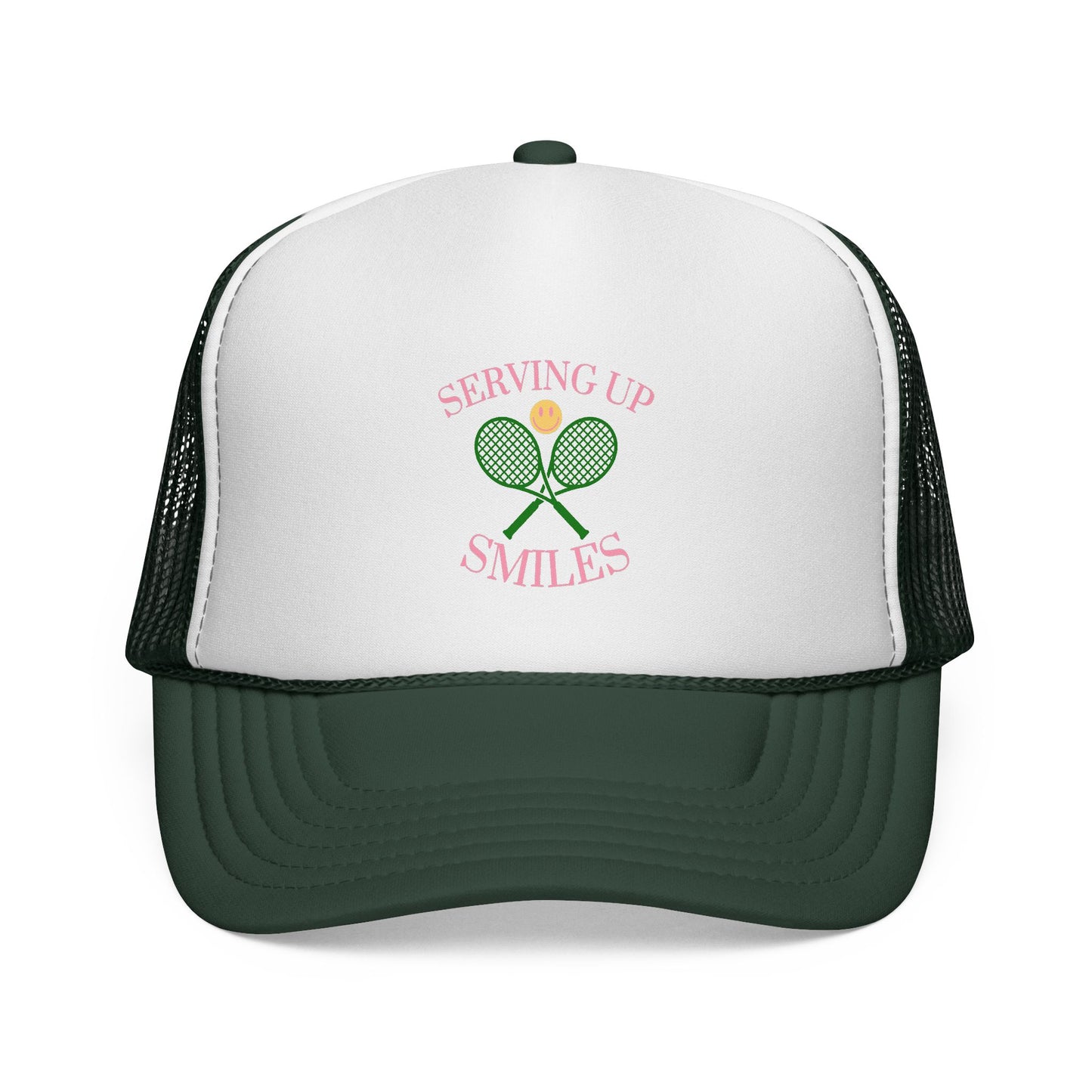 Trucker hat with tennis-themed design on a white background