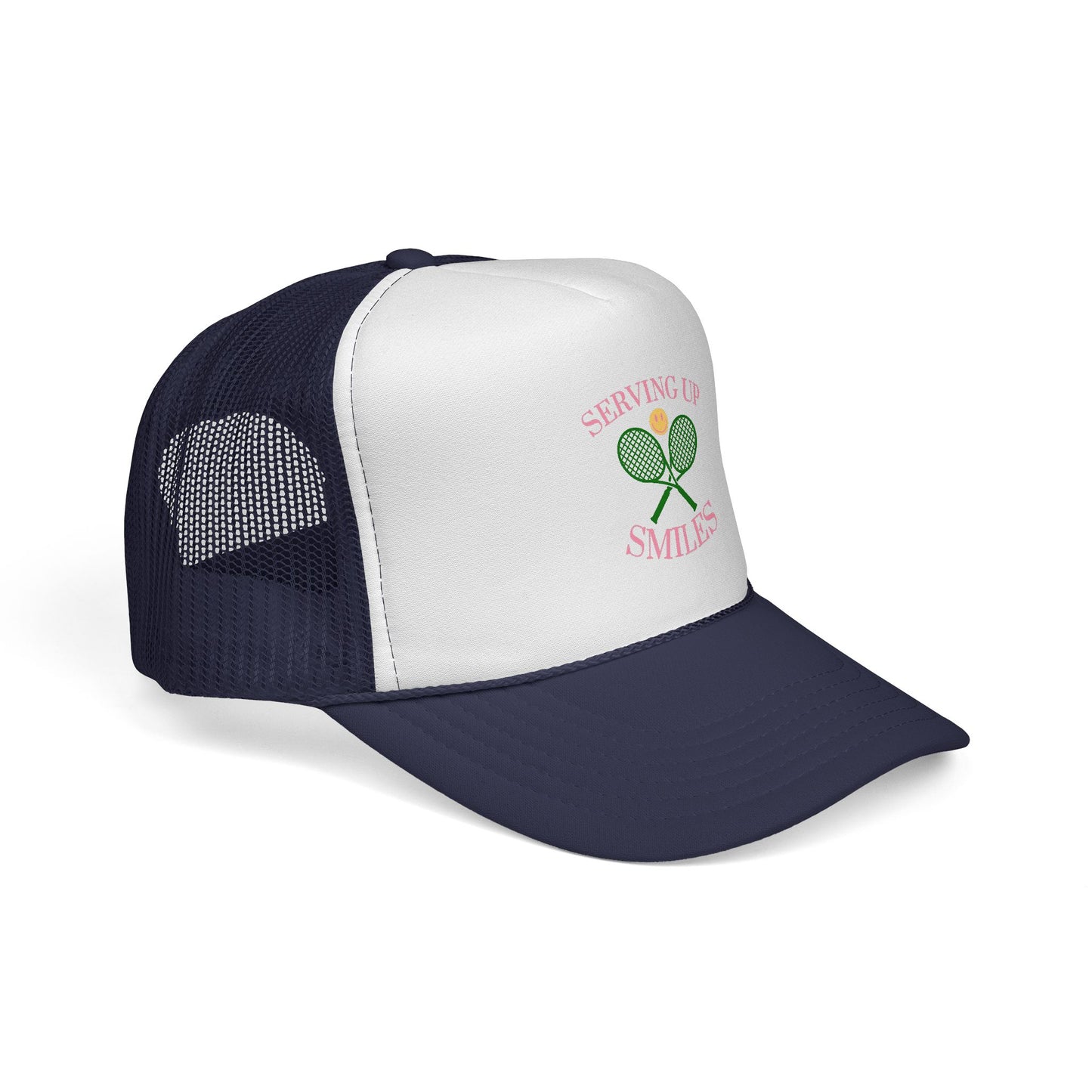 Navy and white cap with embroidered design on a white background