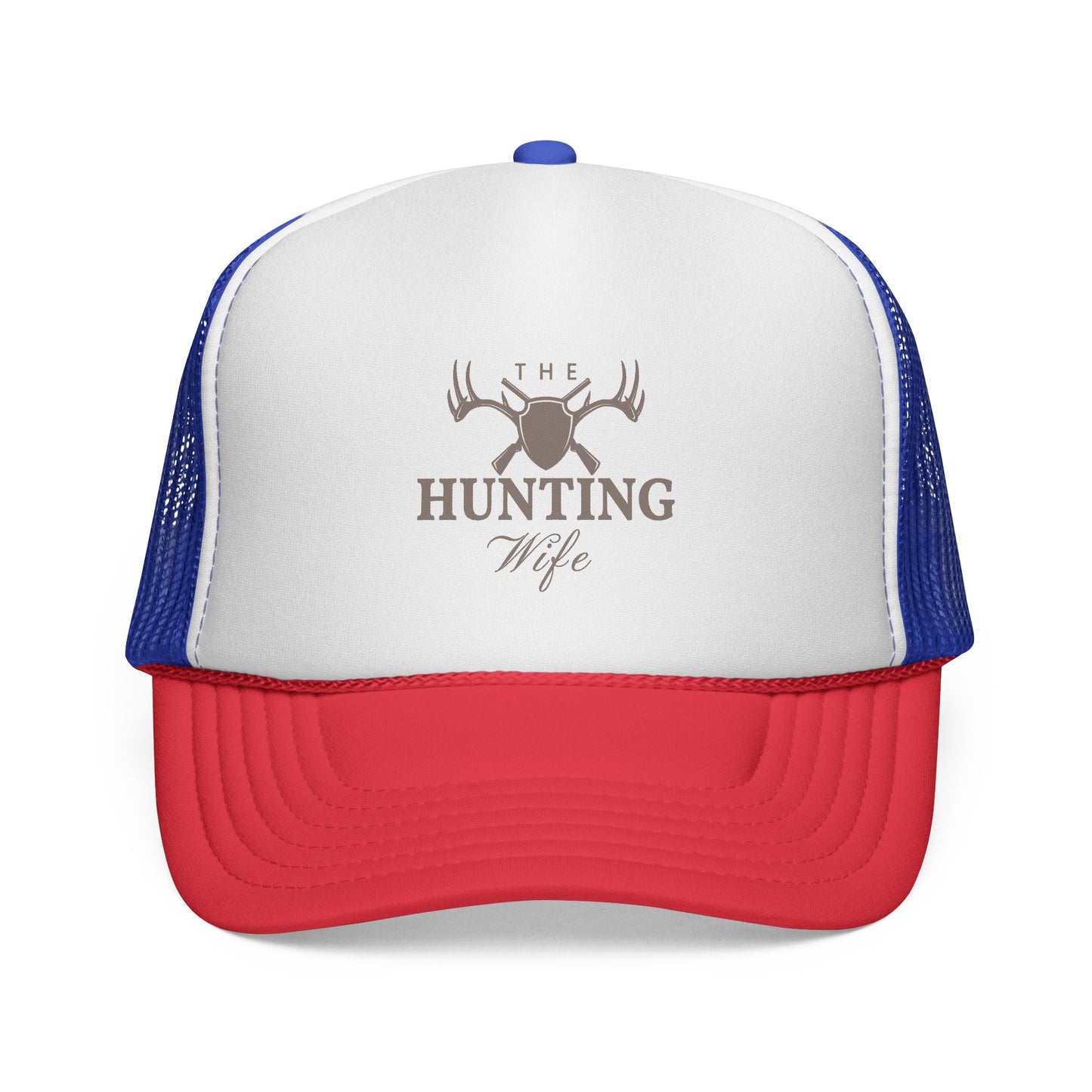 Trucker hat with 'The Hunting Wife' logo on a white background