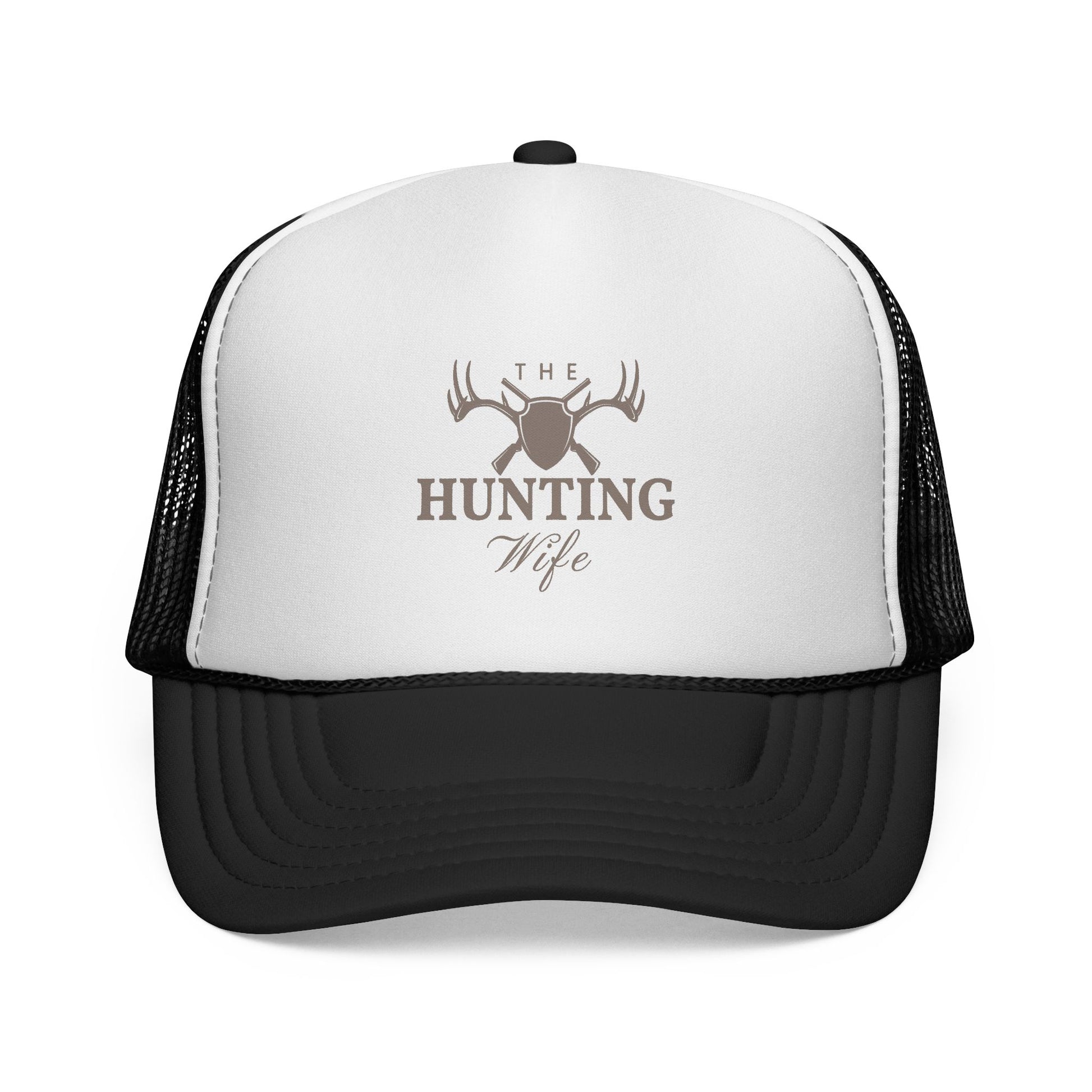 Trucker hat with 'The Hunting Wife' logo on a white background