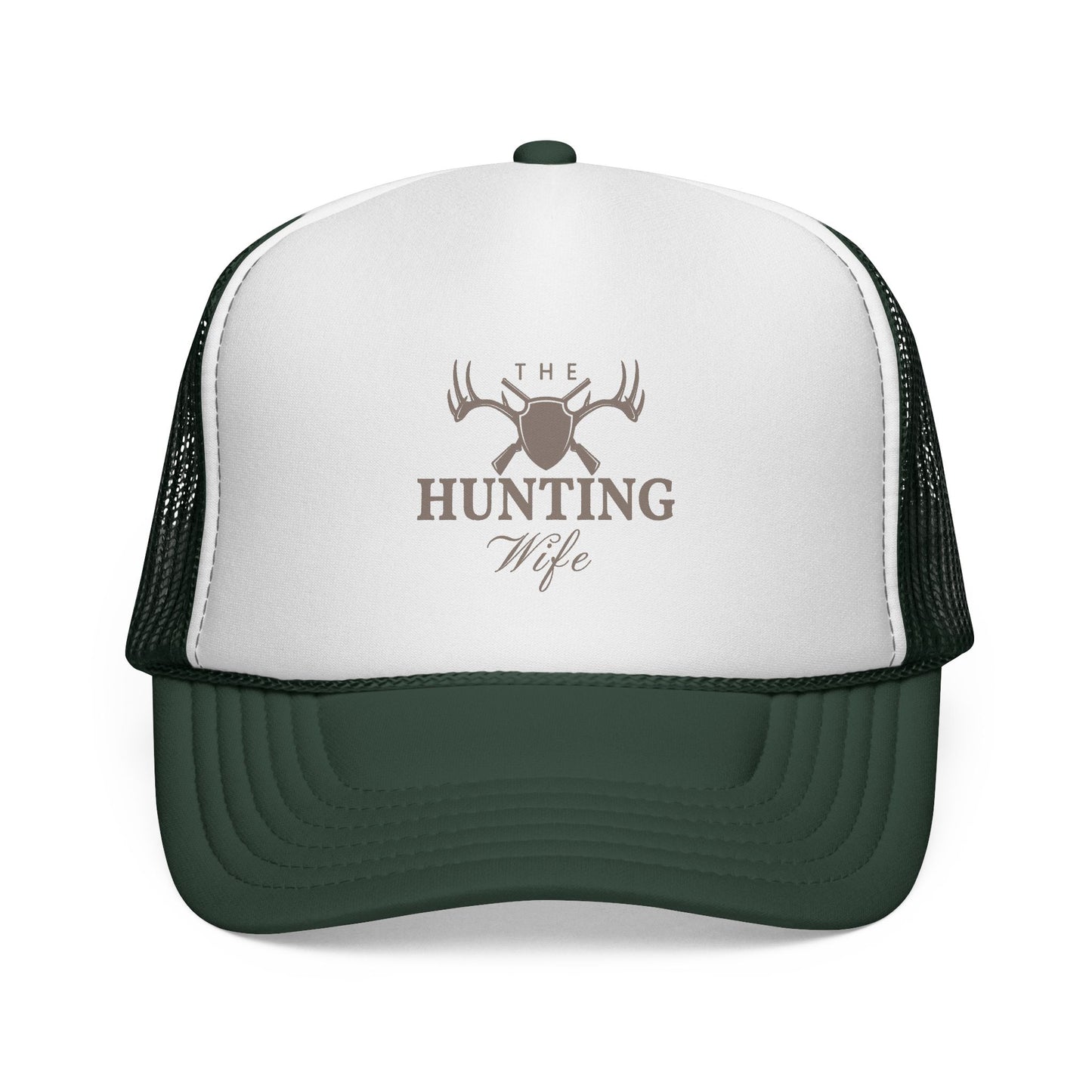 Trucker hat with 'The Hunting Wife' logo on a white background