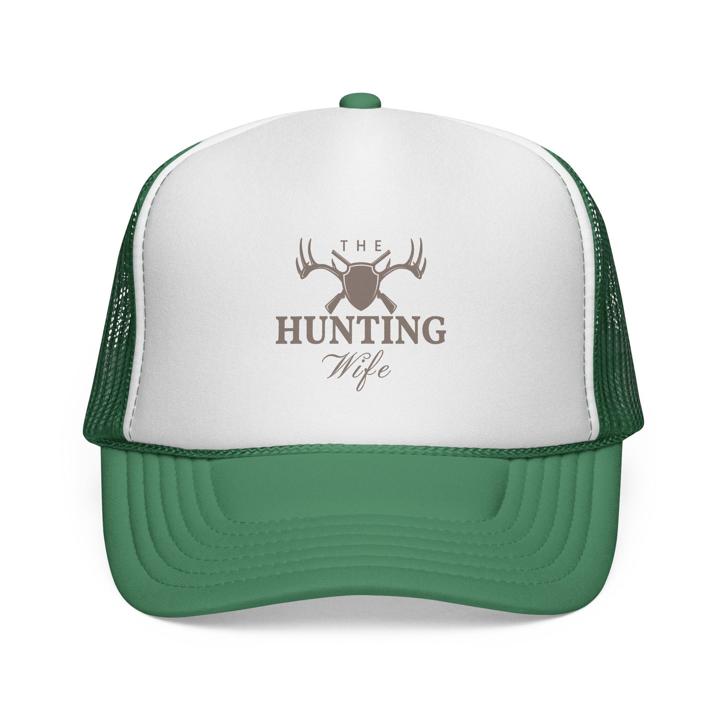 Green and white cap with 'The Hunting Wife' logo on a white background