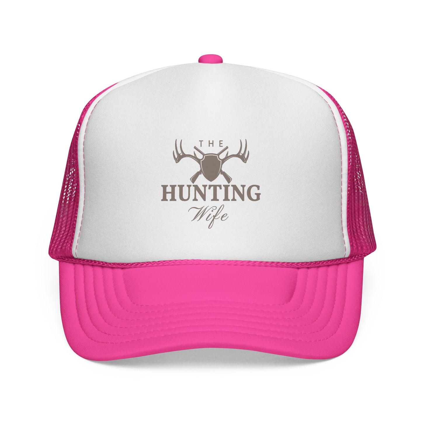 Pink and white trucker hat with 'The Hunting Wife' text on a white background