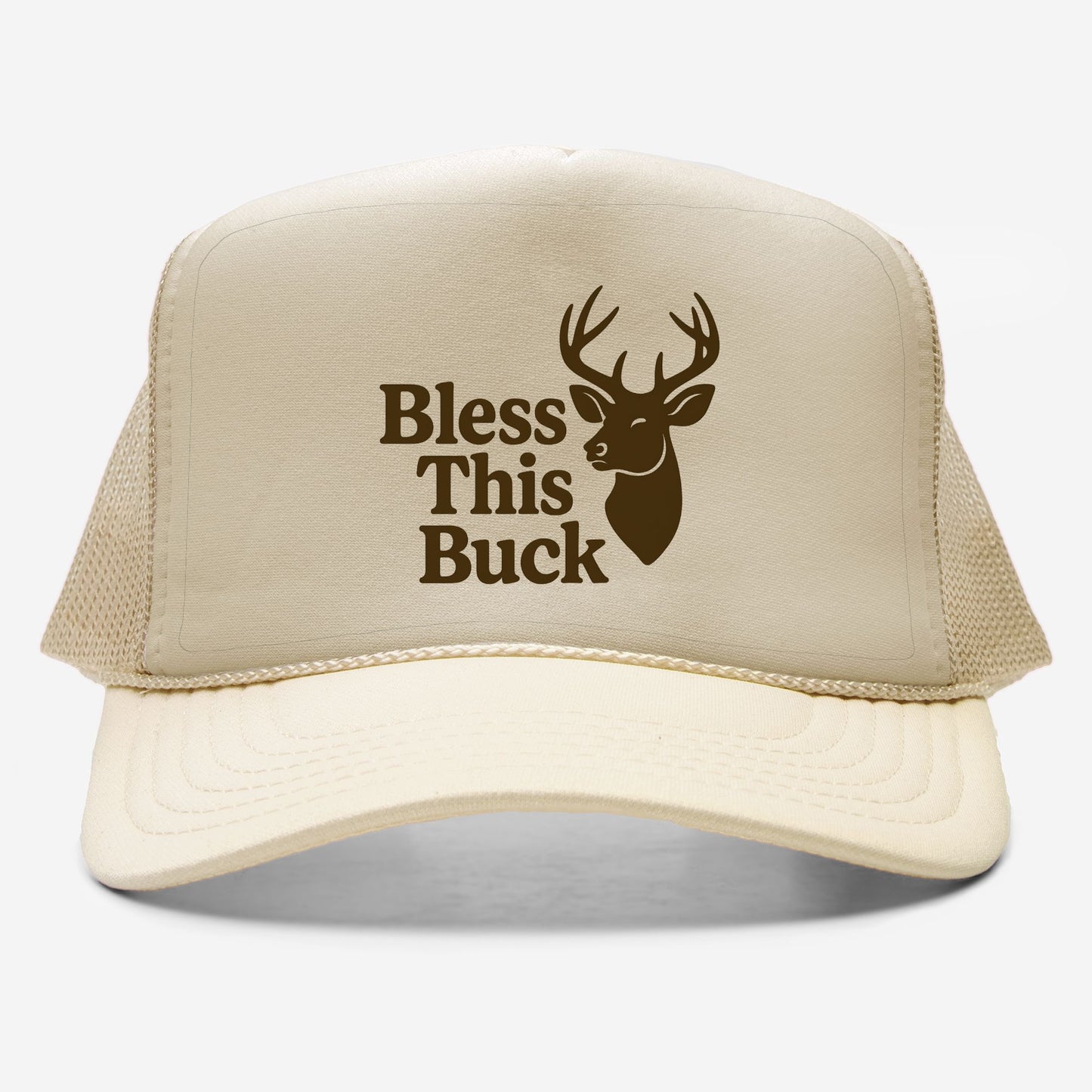 Beige trucker hat with 'Bless This Buck' text and deer graphic on a white background