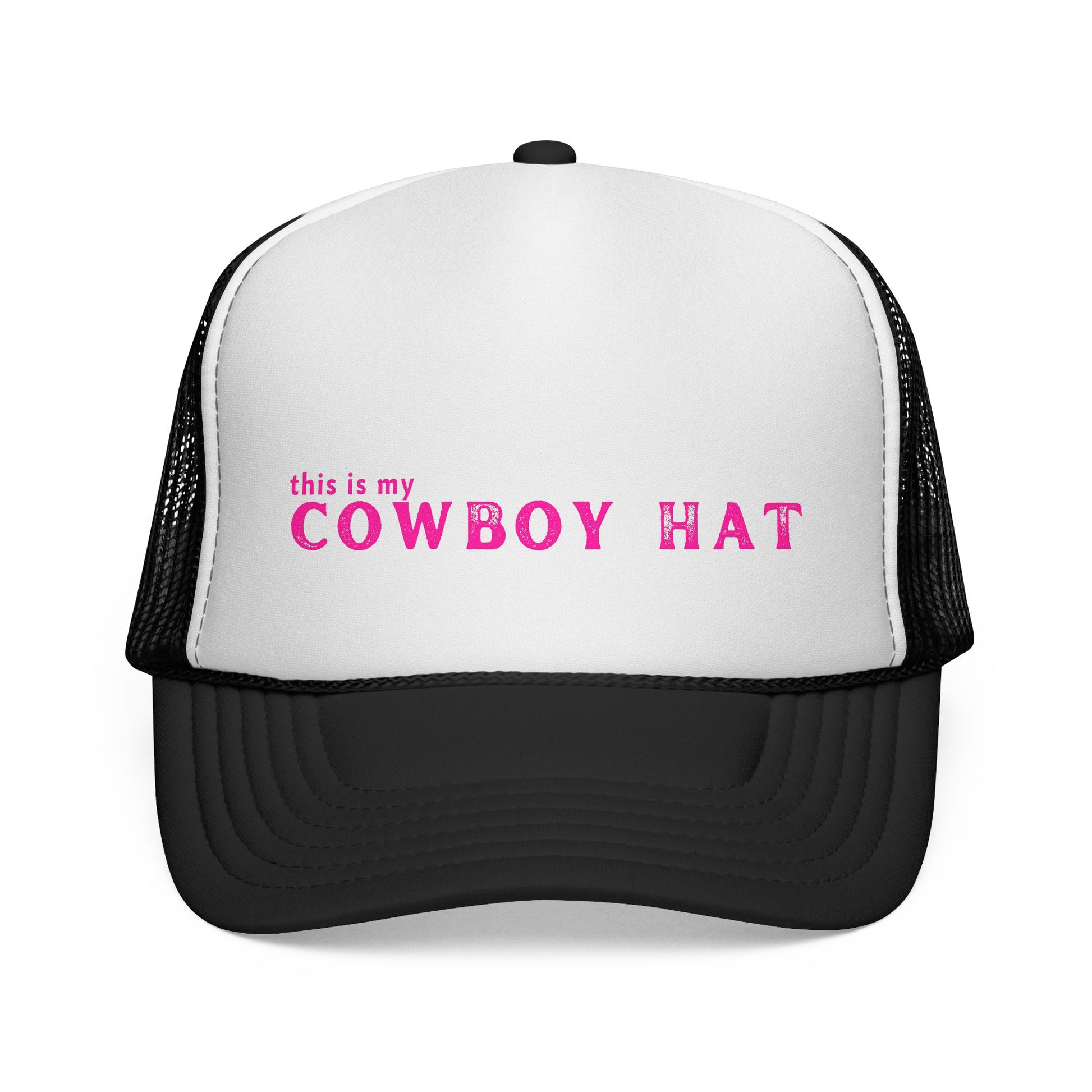 White and black trucker hat with pink text on a white background