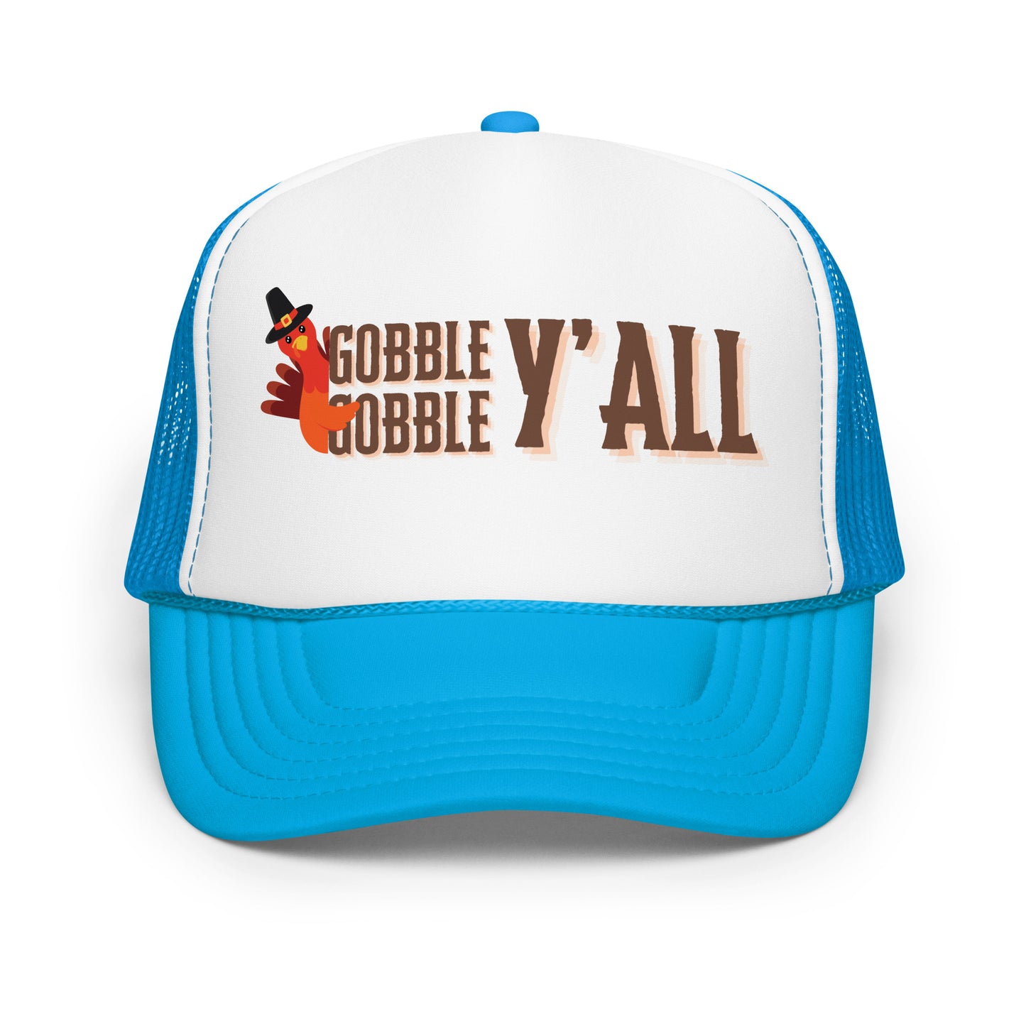 blue and white thanksgiving  trucker hat with "gobble gobble y'all" and a turkey on the front foam panel
