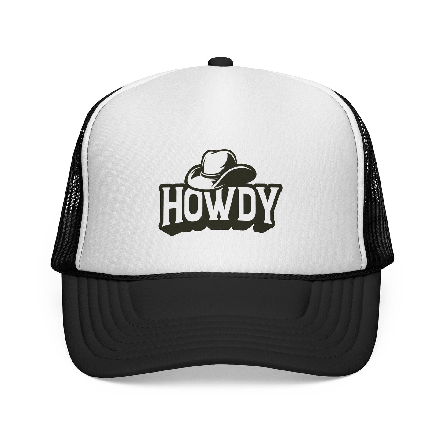 White and black trucker hat with 'HOWDY' and cowboy hat graphic on a white background