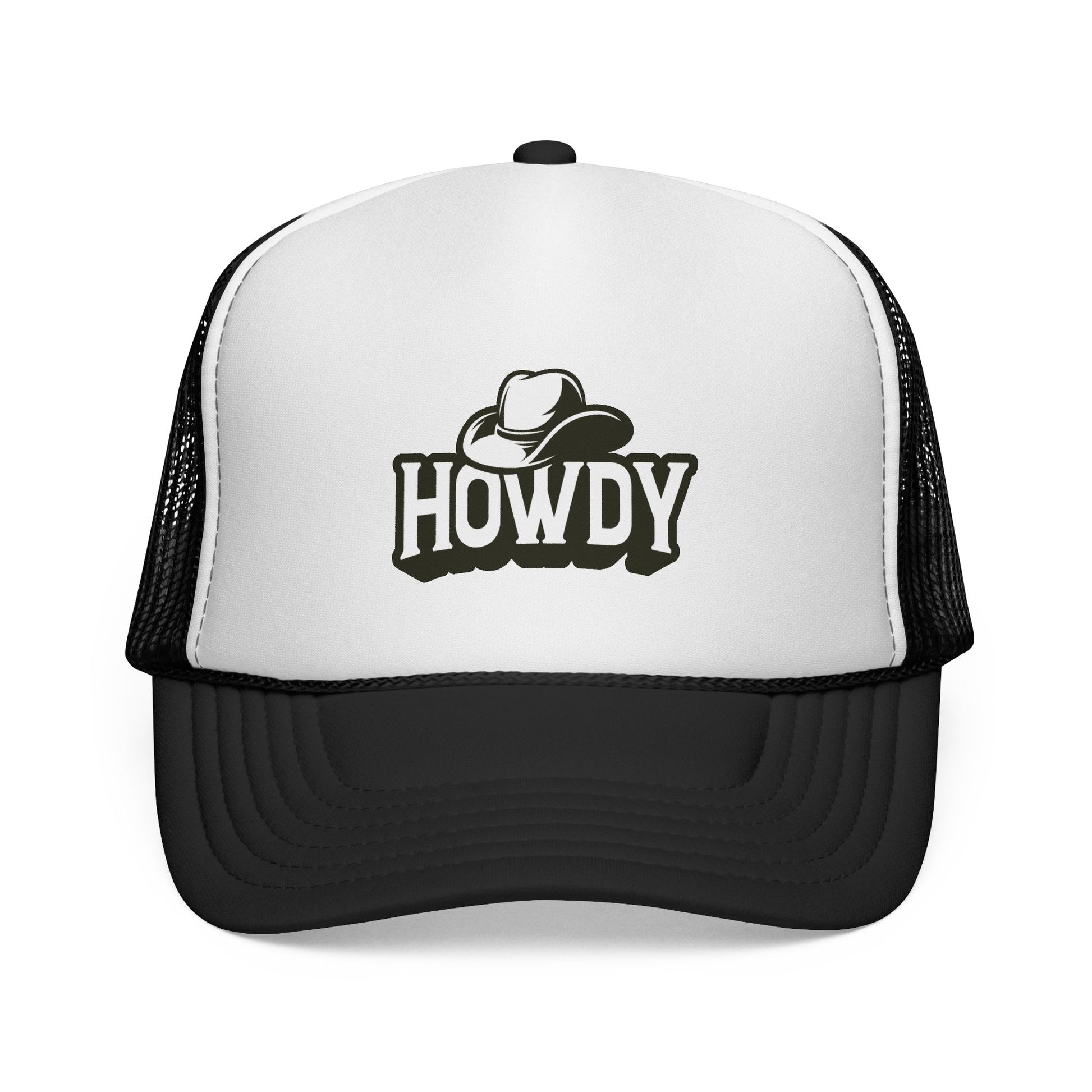 White and black trucker hat with 'HOWDY' and cowboy hat graphic on a white background