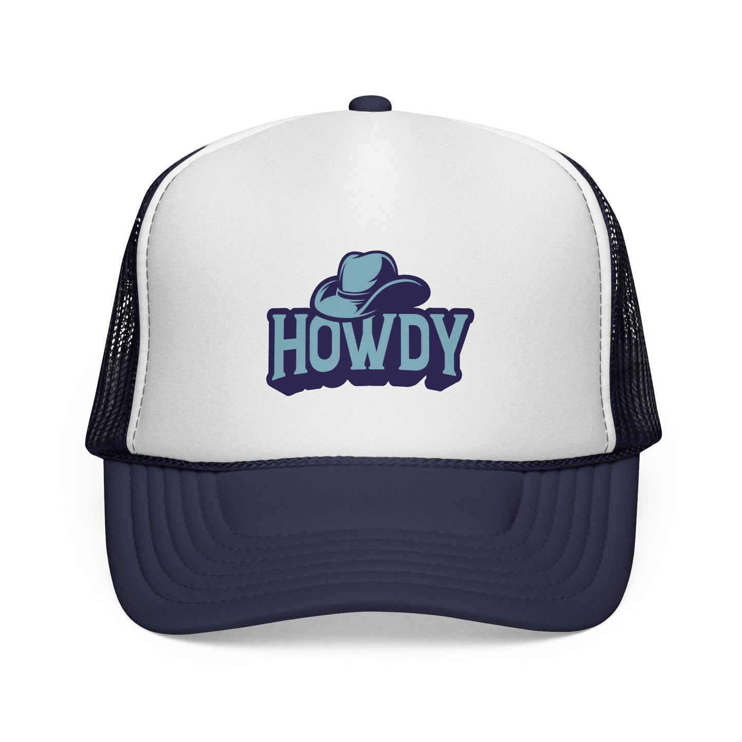 White and navy trucker hat with 'HOWDY' logo on a white background