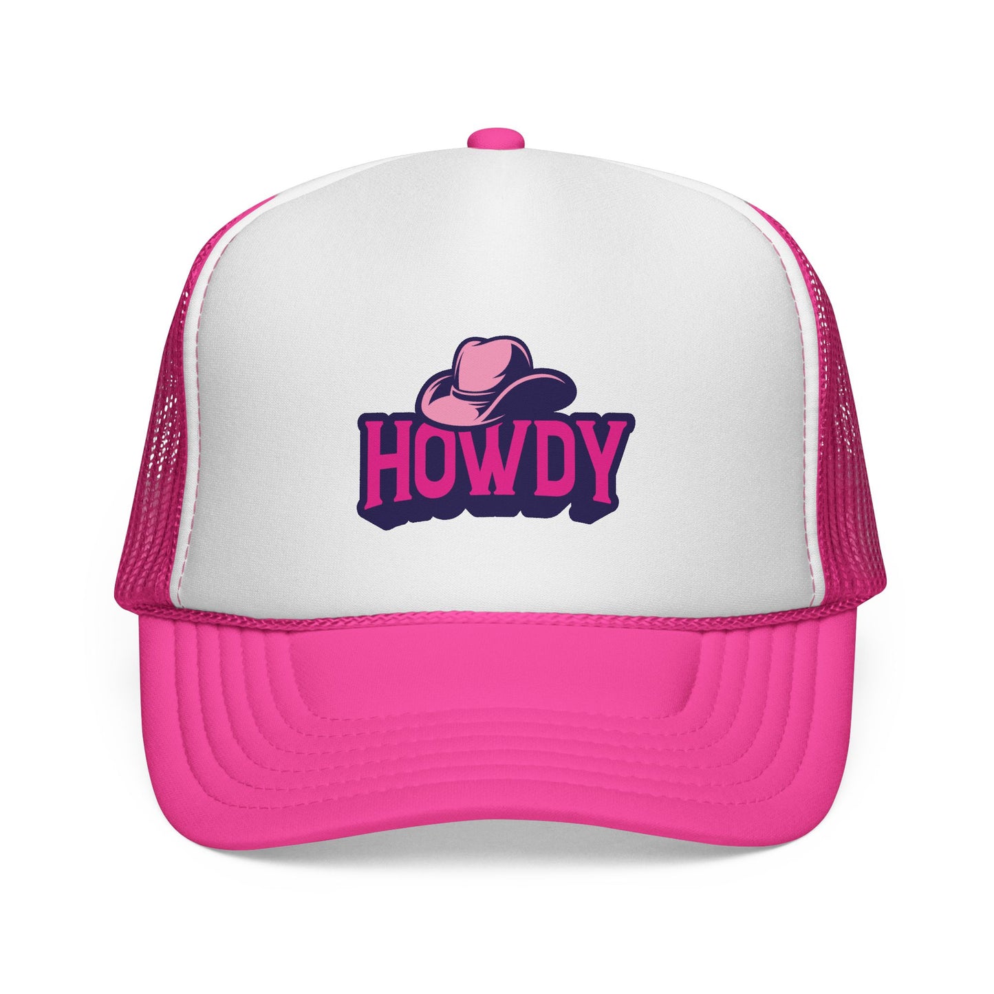 Pink and white trucker hat with 'HOWDY' and a cowgirl hat graphic on a white background