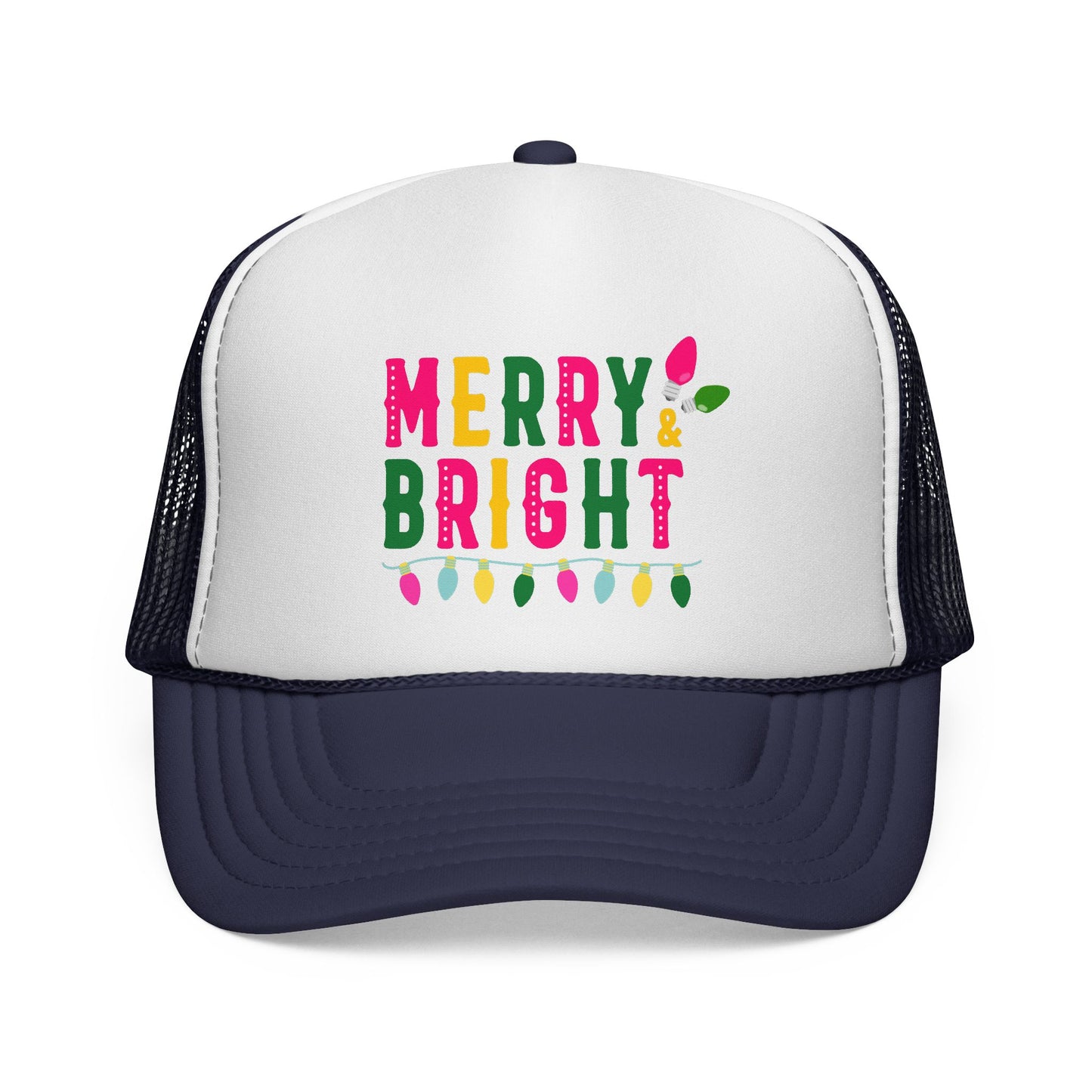 Trucker hat with 'Merry & Bright' text and Christmas lights design on a white background