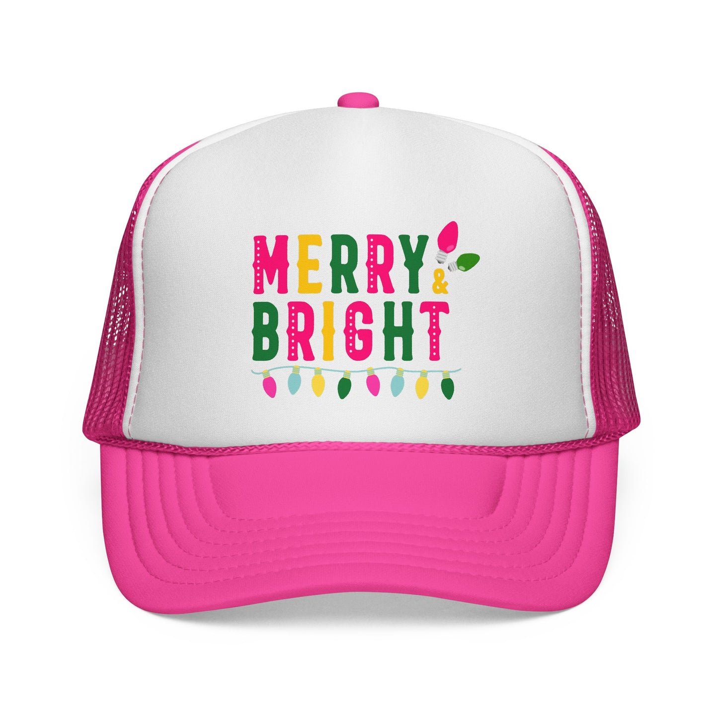 Trucker hat with 'Merry & Bright' text and colorful lights on a white background