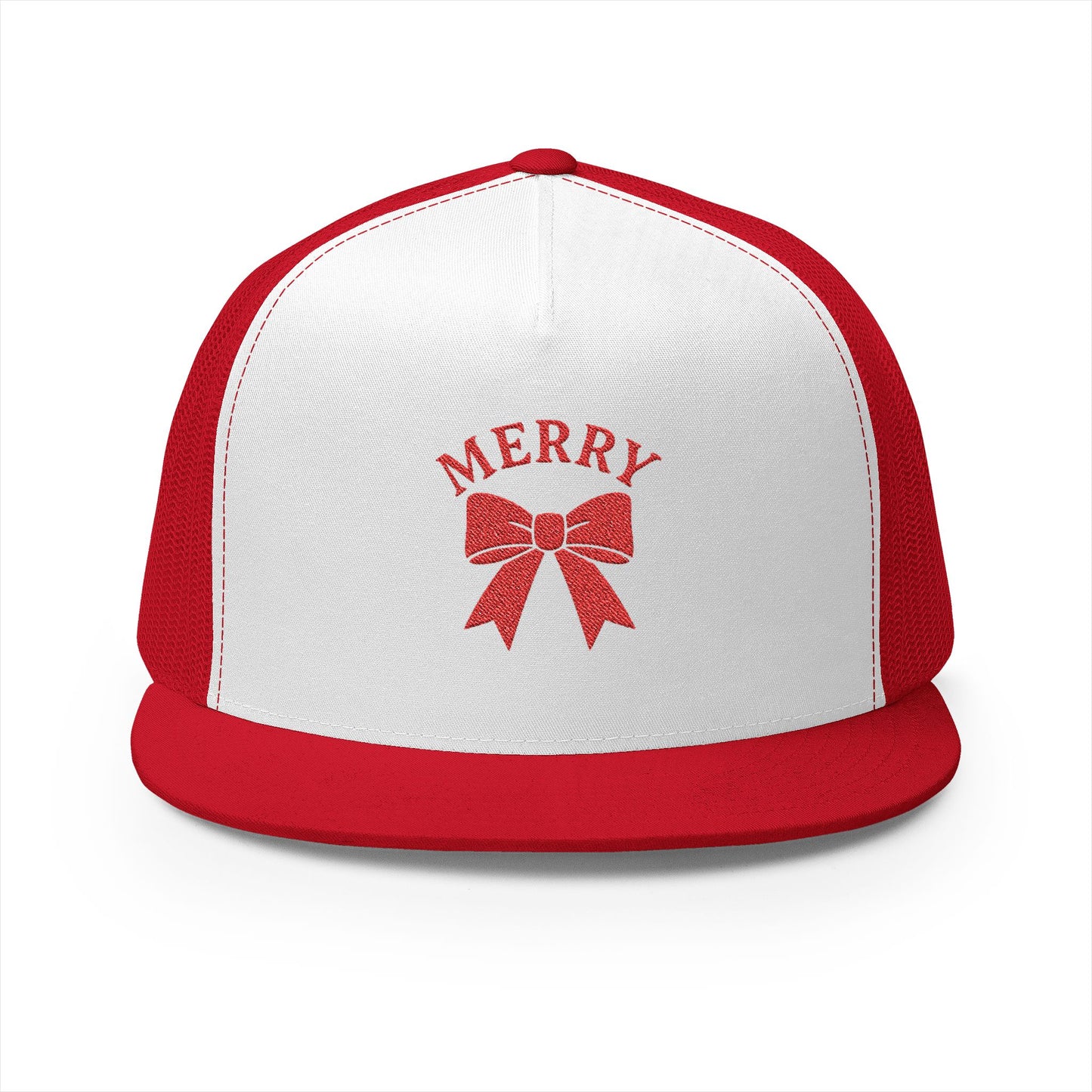 Red and white cap with a bow and 'MERRY' text on a white background