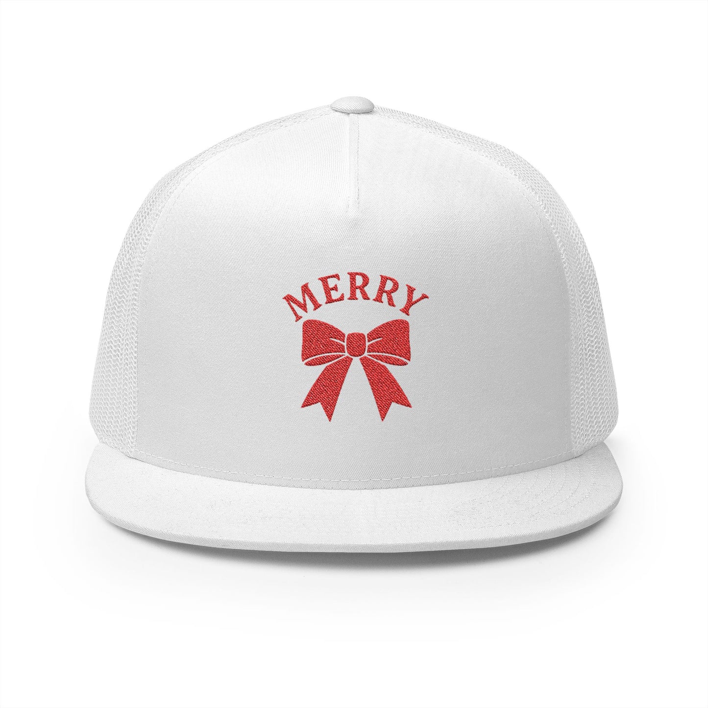 White cap with red bow and 'MERRY' text on a white background