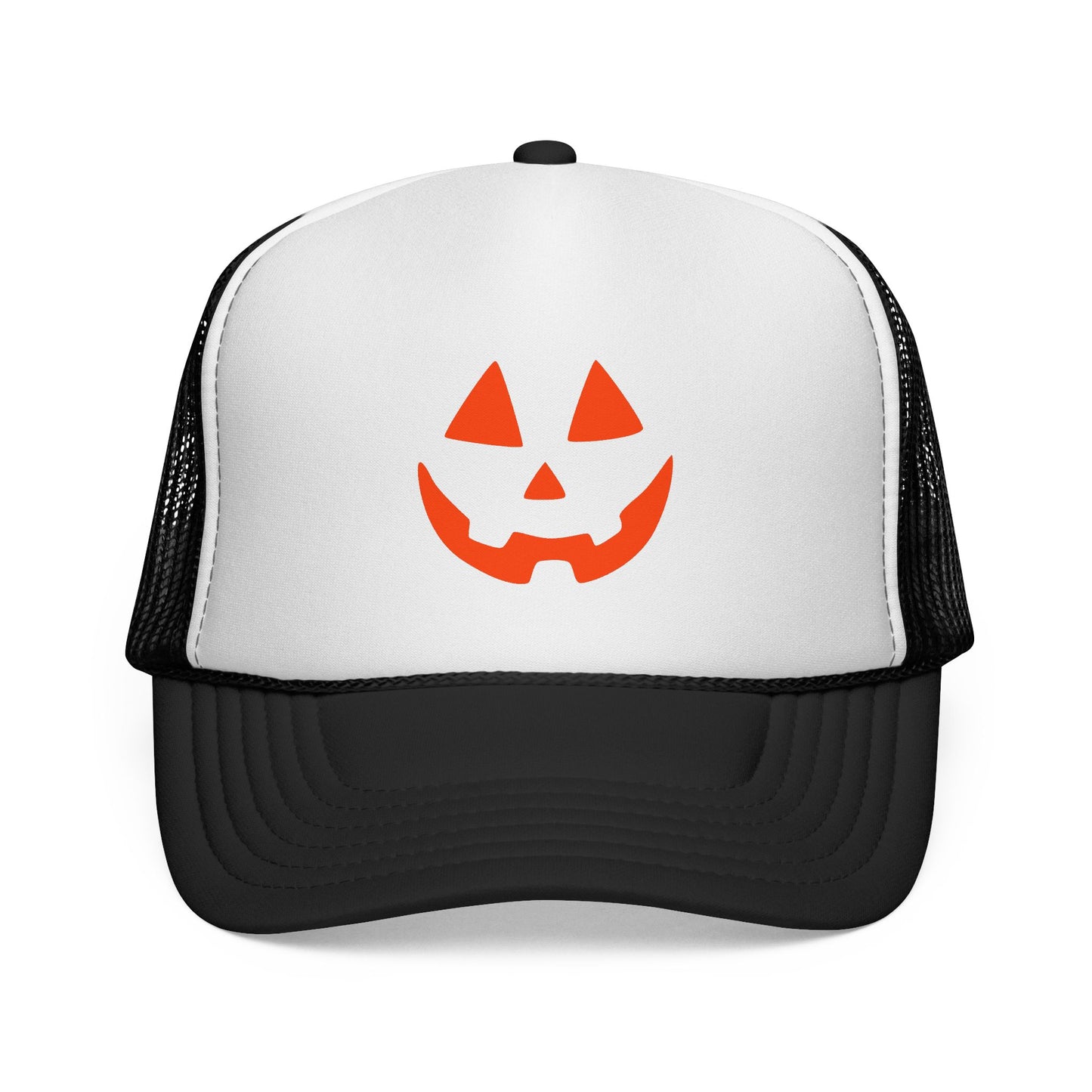 Trucker hat with a pumpkin face design on a white background
