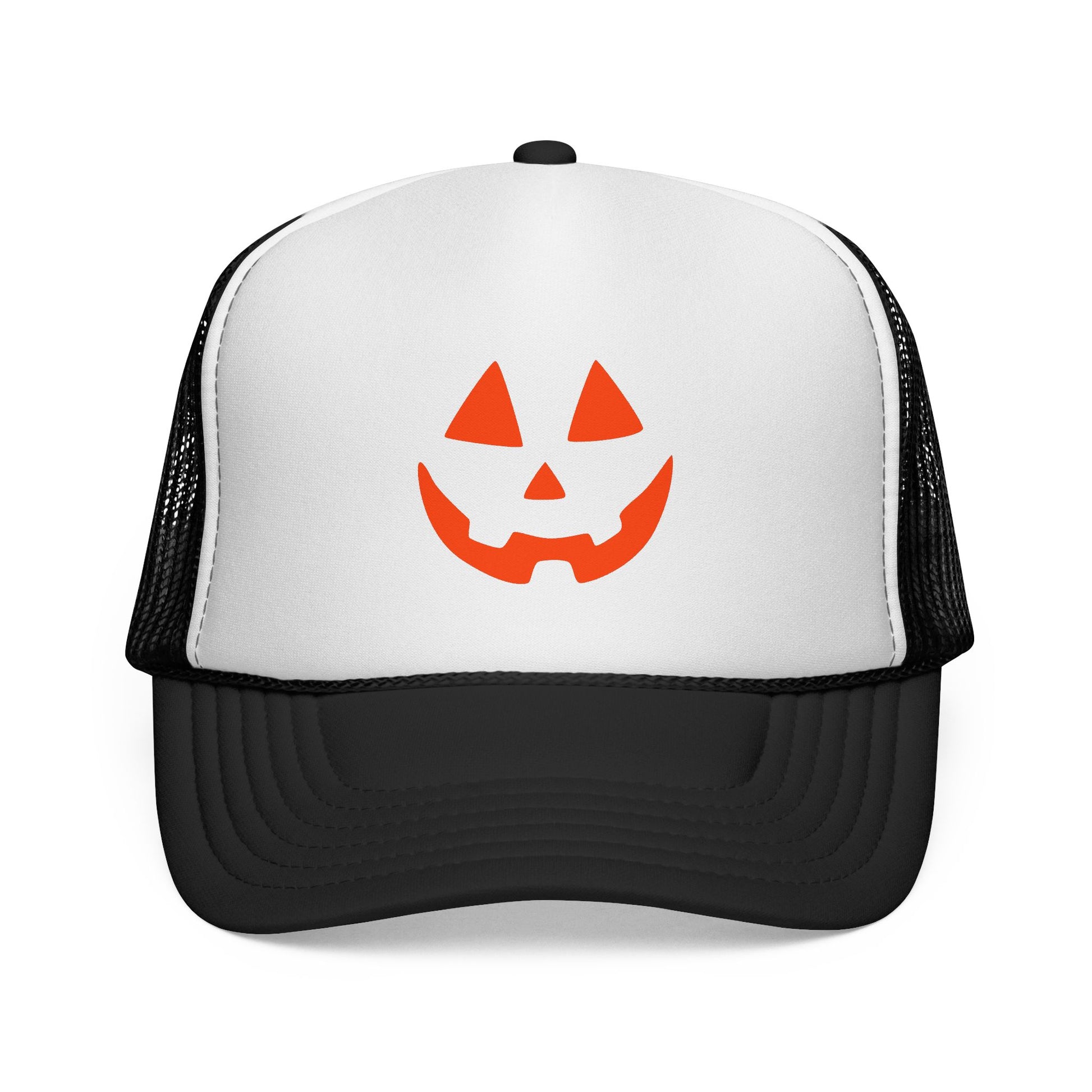 Trucker hat with a pumpkin face design on a white background