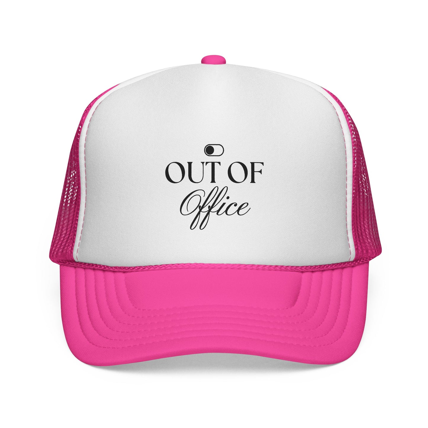 Trucker hat with 'Out of Office' text on a white background