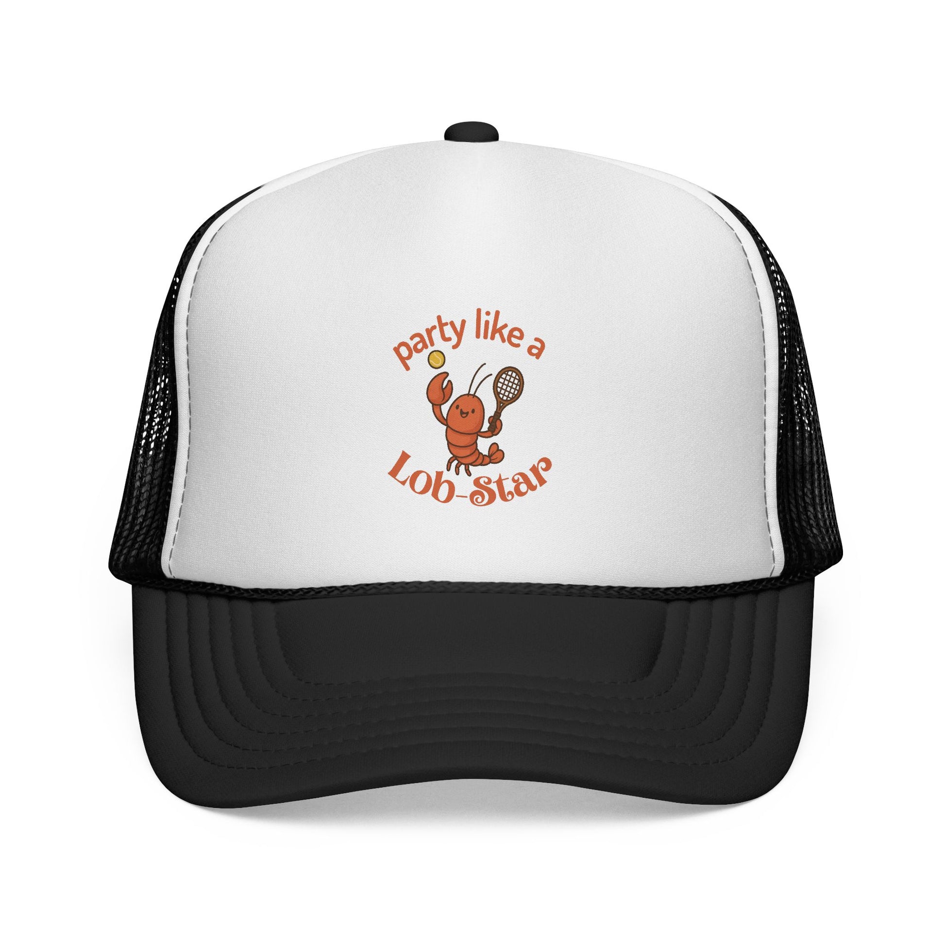 White and black trucker hat with a lobster graphic and text on a white background