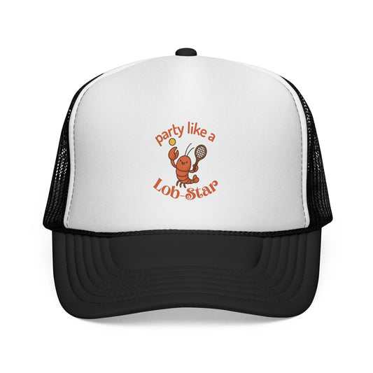 White and black trucker hat with a lobster graphic and text on a white background