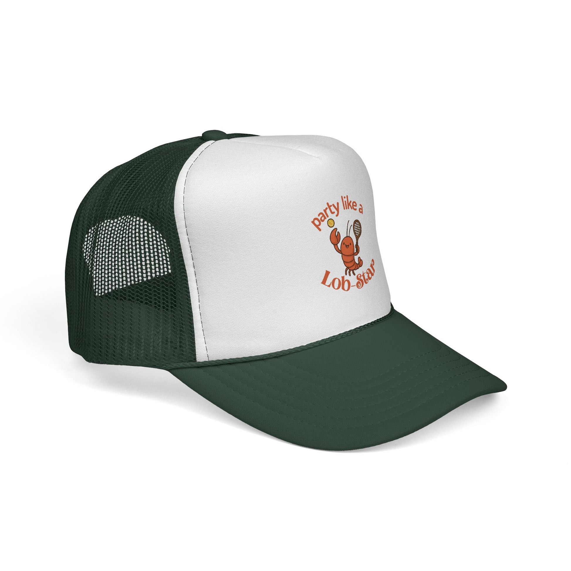 Green and white cap with a lobster graphic and text on a white background