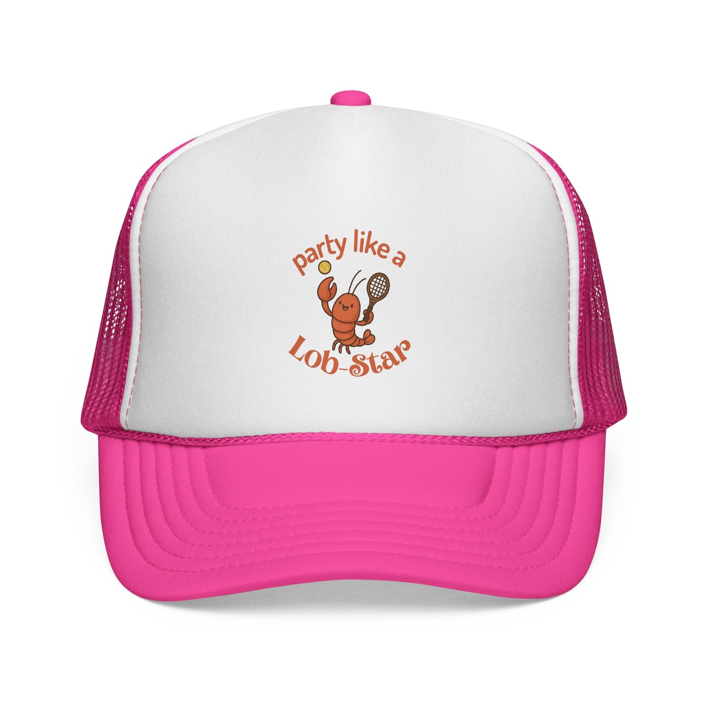 White and pink cap with a lobster graphic and text on a white background