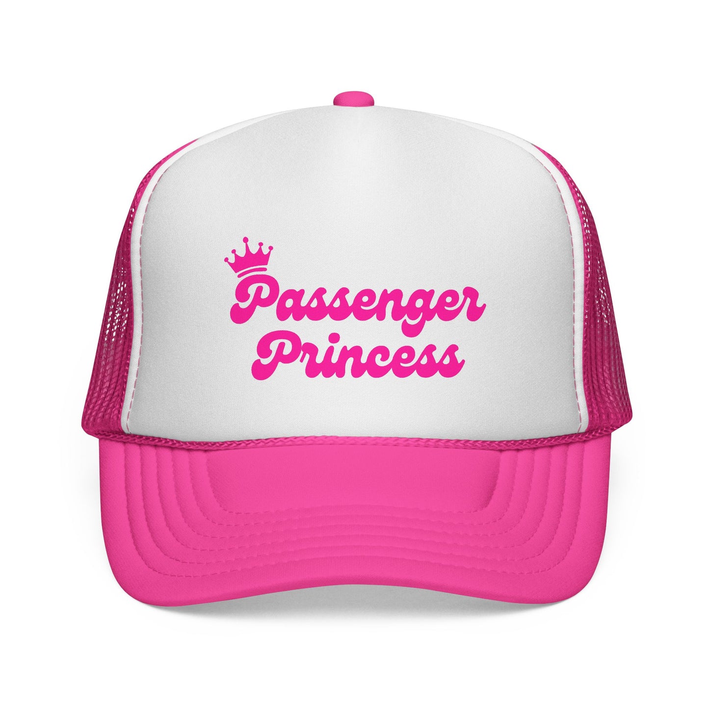 White and pink cap with 'Passenger Princess' text on a white background