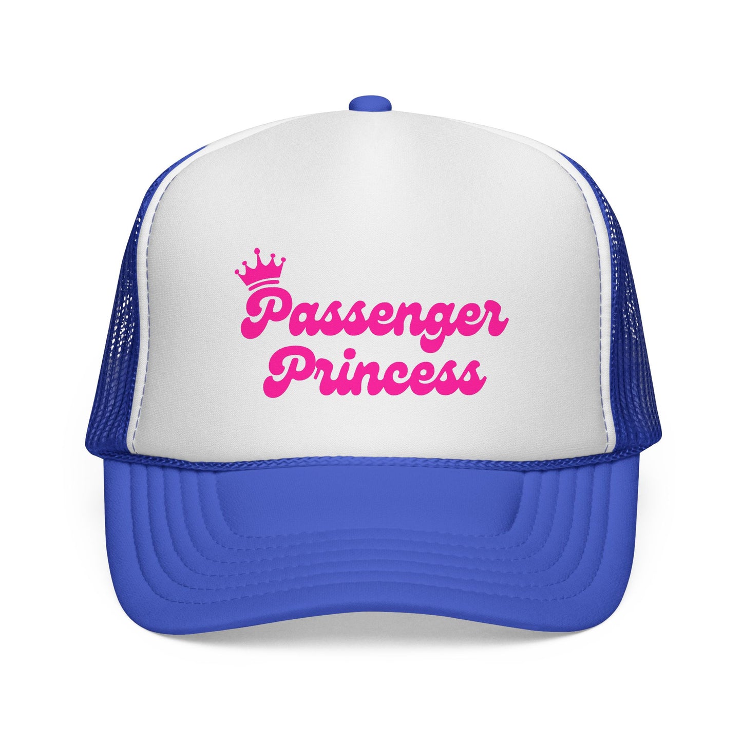White and blue cap with 'Passenger Princess' text in pink on a white background