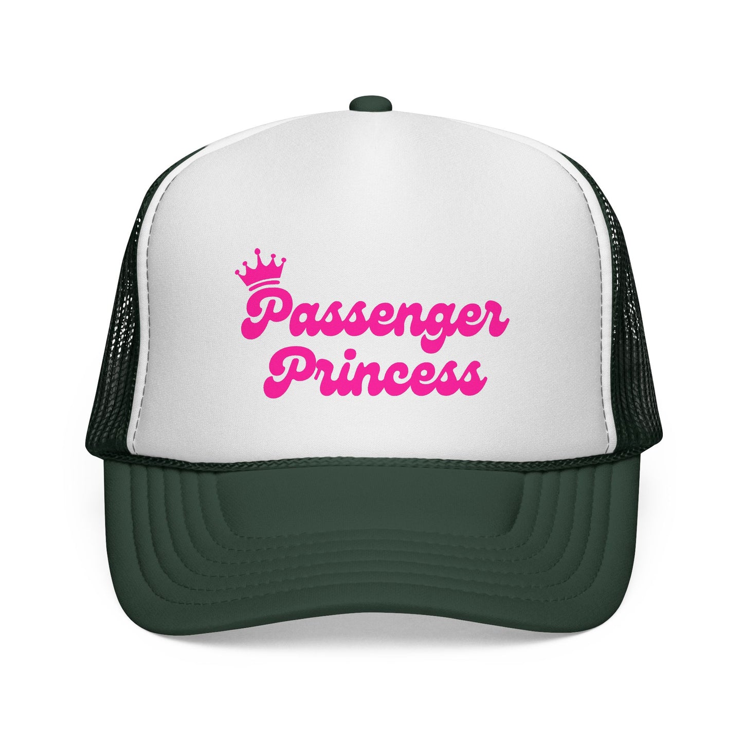 Trucker hat with 'Passenger Princess' text on a white background