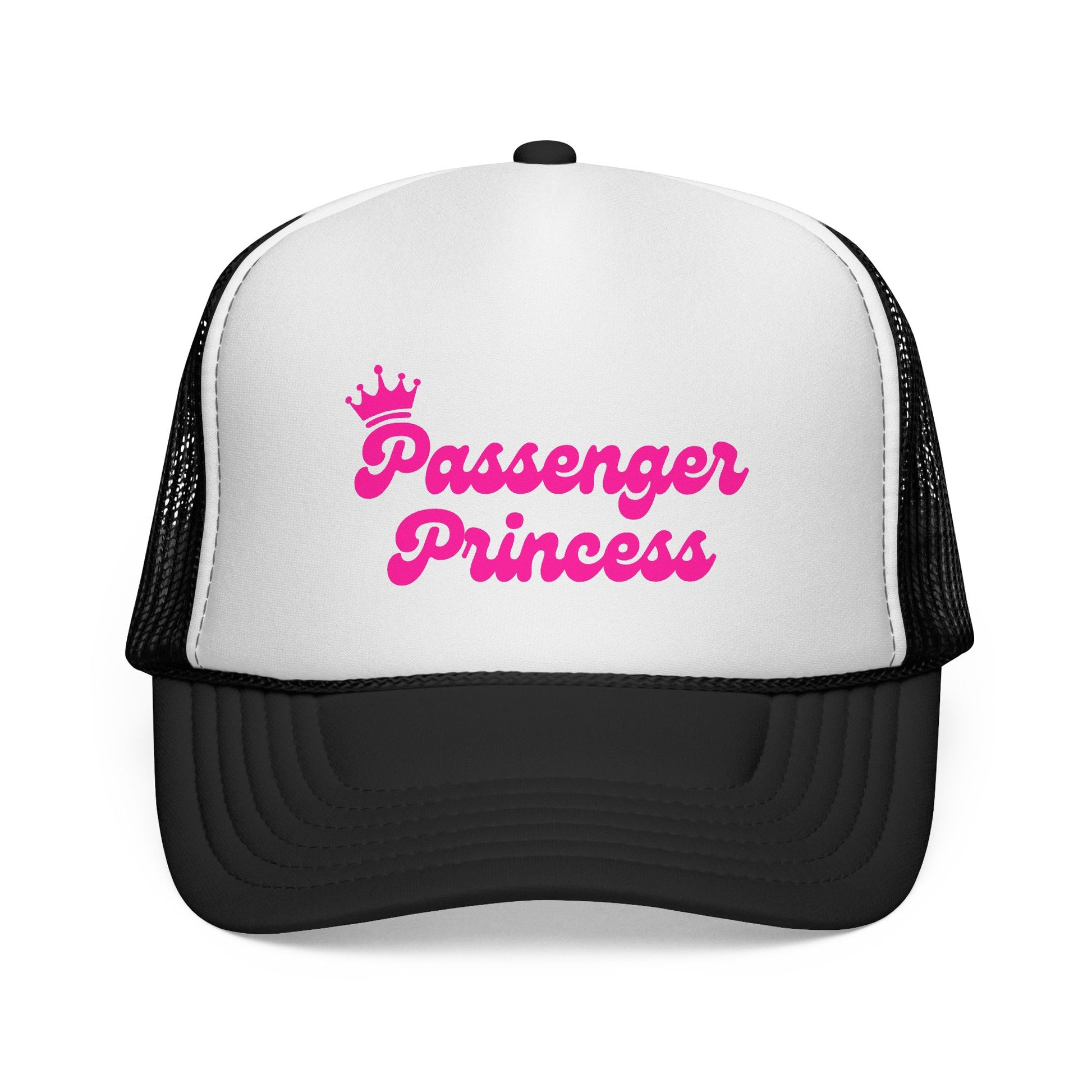 White and black trucker hat with pink 'Passenger Princess' text on a white background