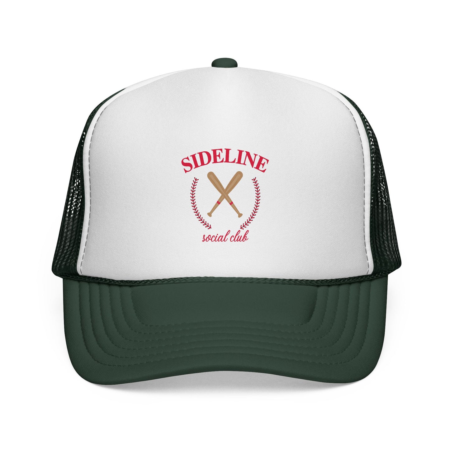 green and white trucker hat with baseball design for baseball moms and dads