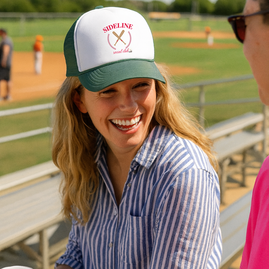sideline social club trucker hat in white and green on mom - a trucker hat for baseball moms