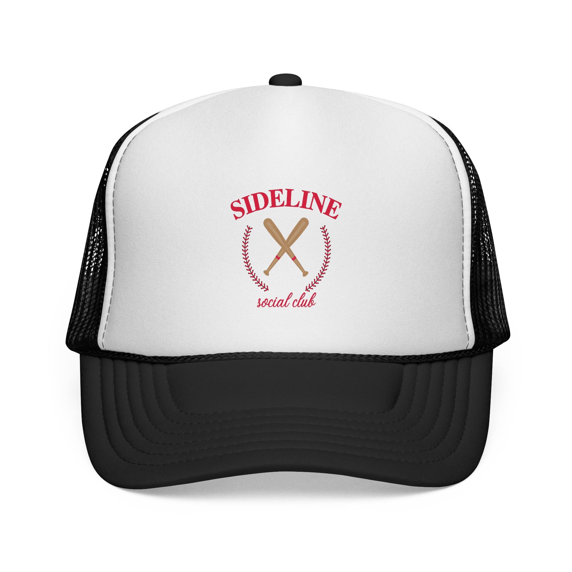 black and white trucker hat with sideline social club baseball design