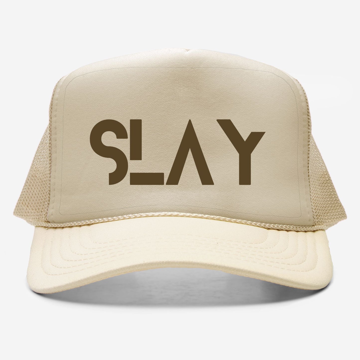 Beige trucker hat with 'SLAY' text on a white background