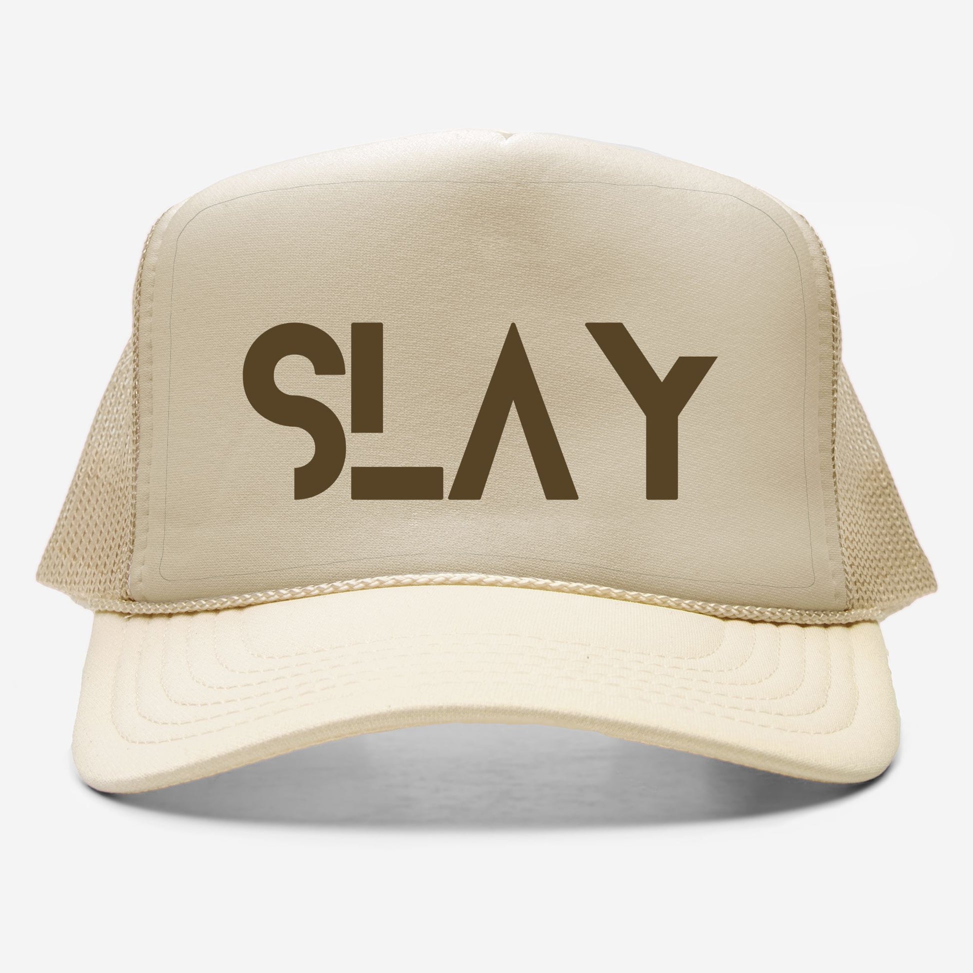 Beige trucker hat with 'SLAY' text on a white background