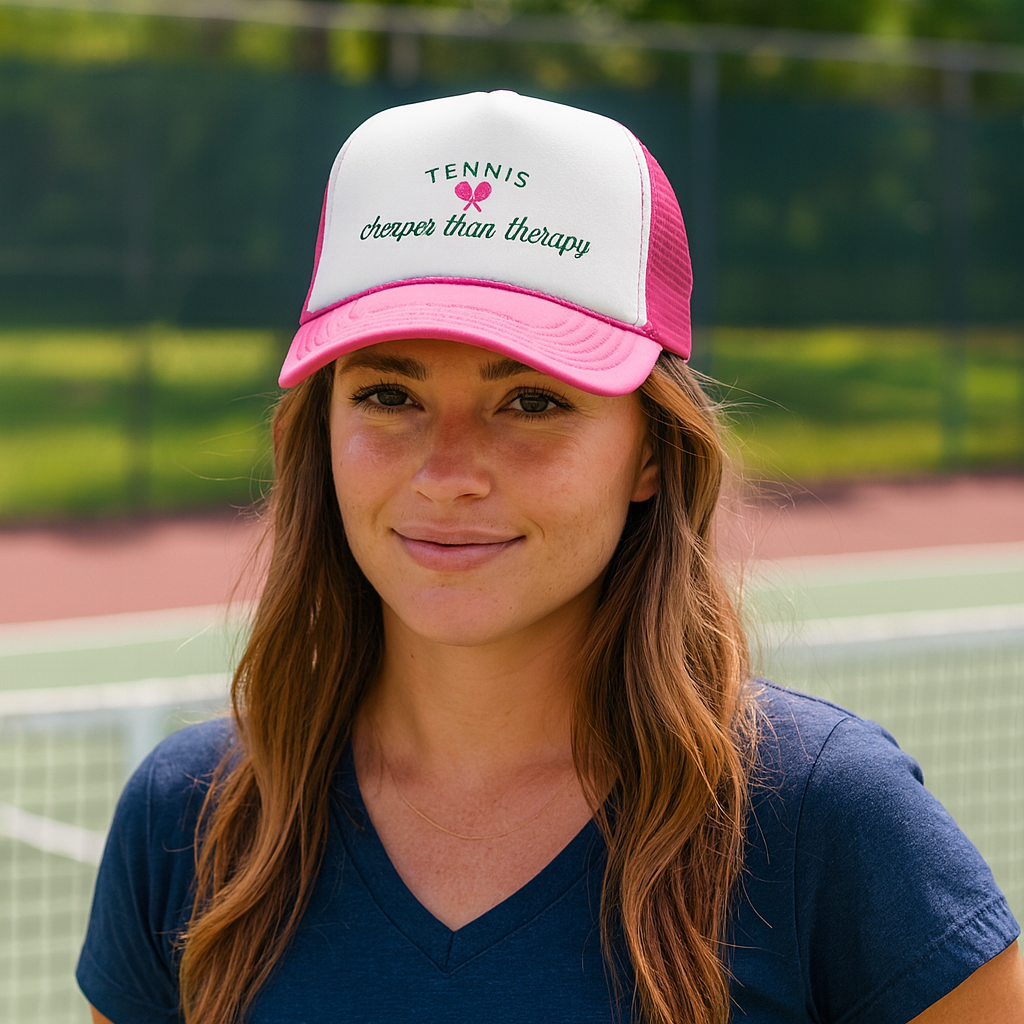 Woman wearing a pink and white cap with tennis tennis is cheaper than therapy text on a tennis court