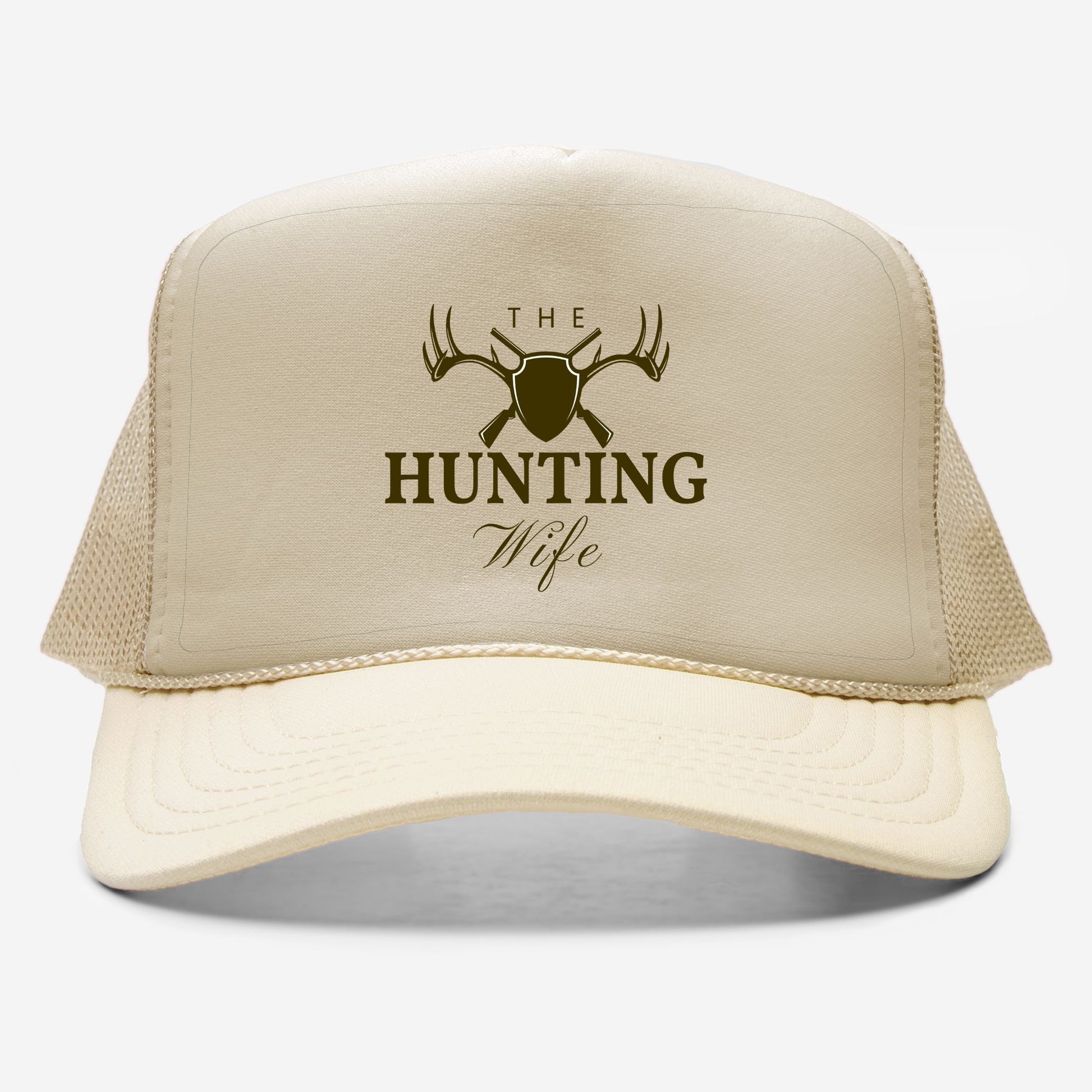 Beige cap with 'The Hunting Wife' logo on a white background