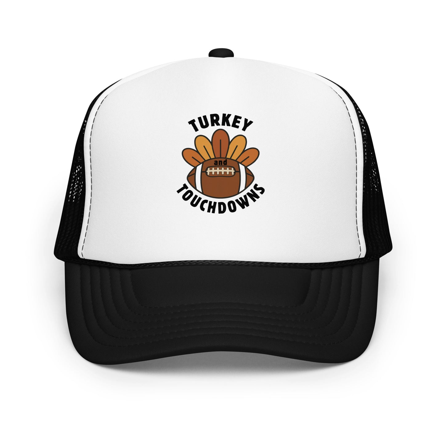 black and white trucker hat with "turkey and touchdowns" and a football with turkey feathers on the front