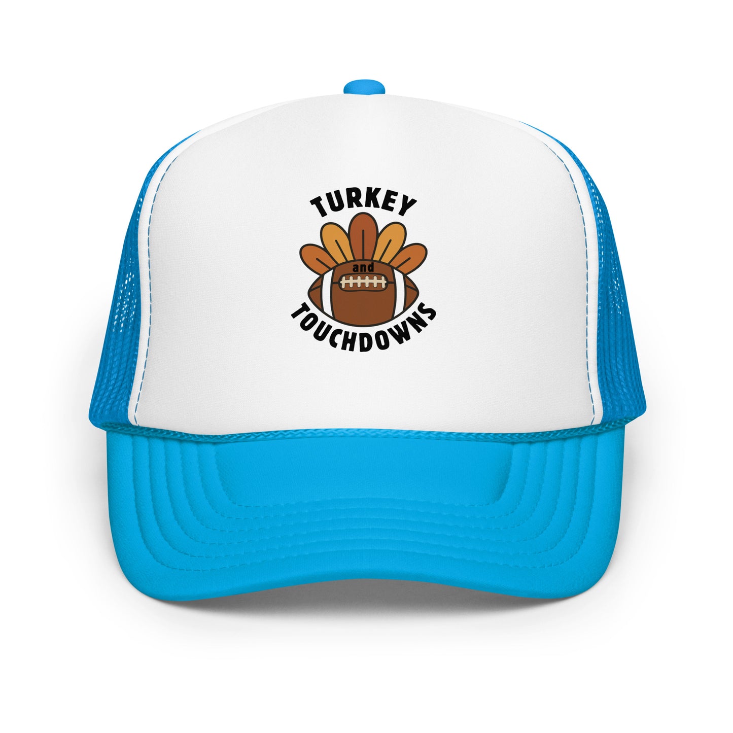 blue and white trucker hat with "turkey and touchdowns" and a football with turkey feathers on the front