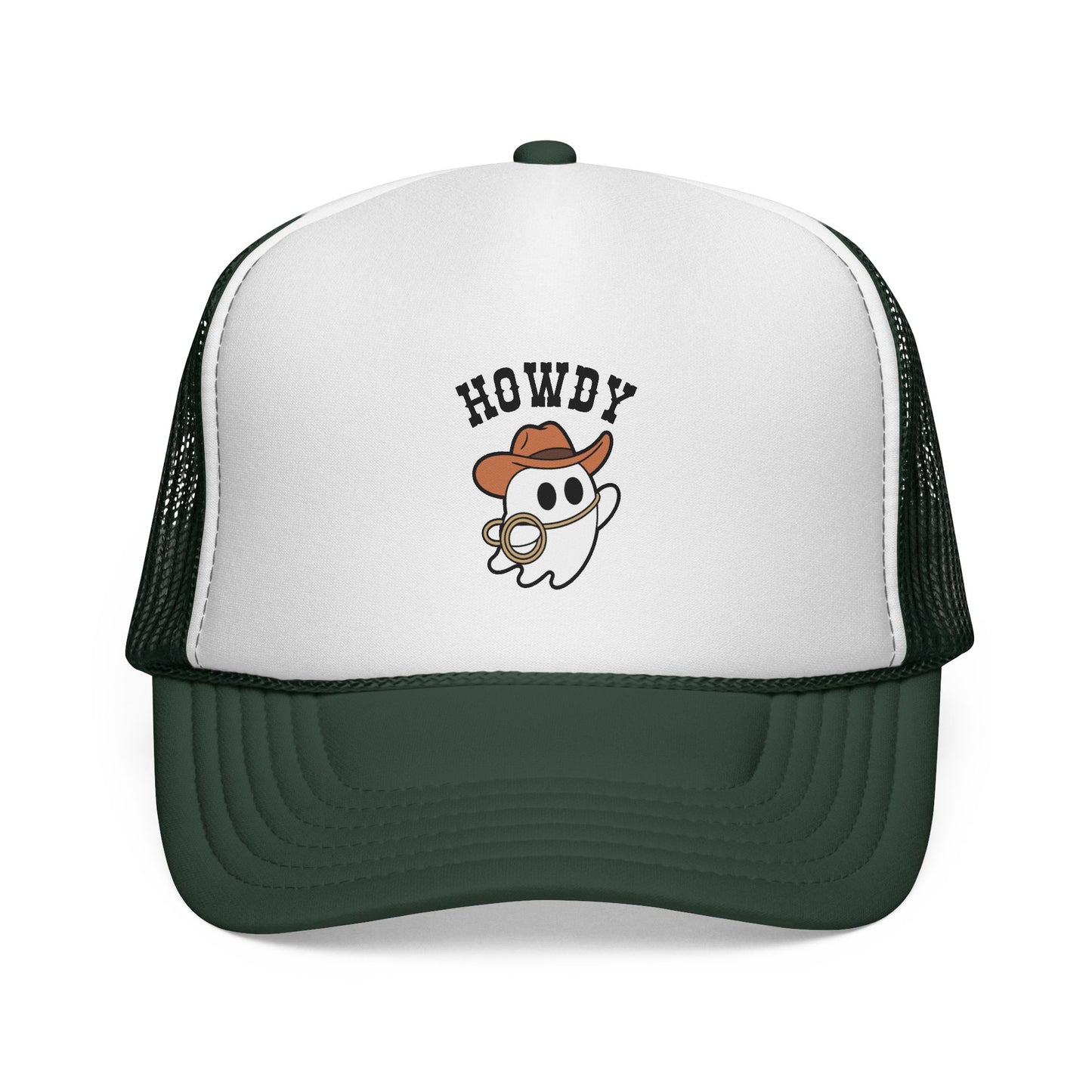 White and green trucker hat with ghost in cowboy hat design and 'HOWDY' text on a white background