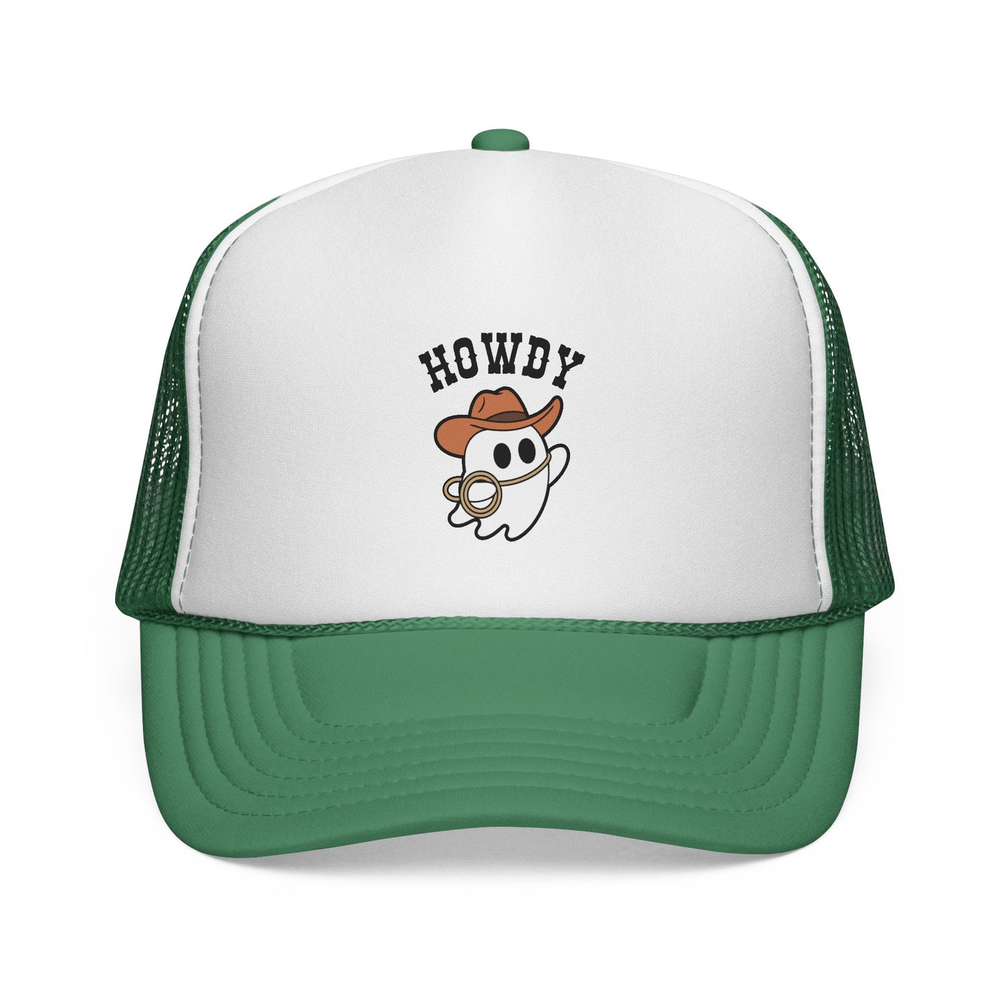 Green and white trucker hat with ghost cowboy graphic and 'HOWDY' text on a white background