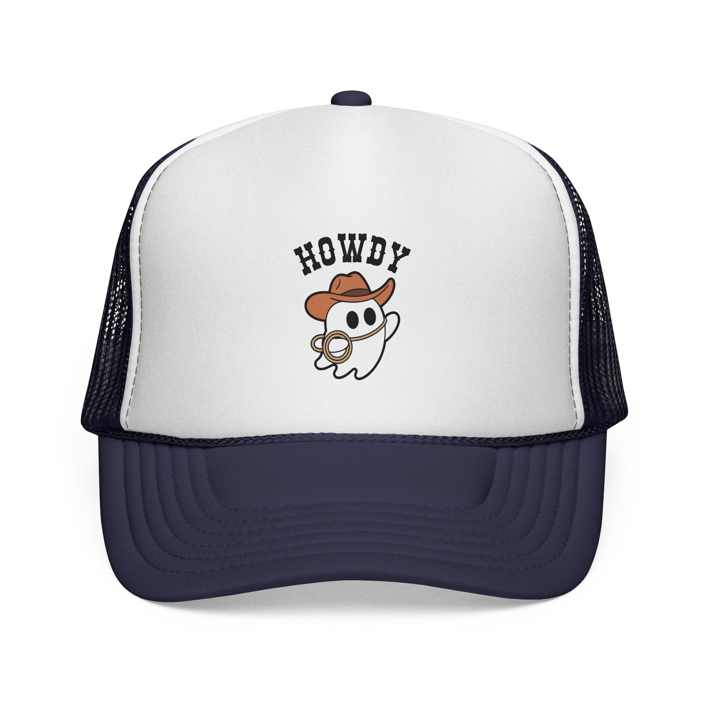 Trucker hat with ghost in cowboy hat design and 'HOWDY' text on a white background