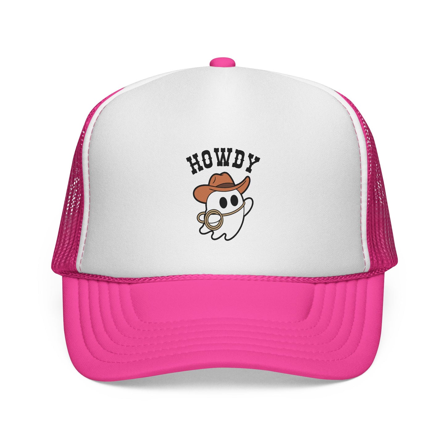 Trucker hat with pink brim and white mesh back, featuring a ghost in a cowboy hat and 'Howdy' text.