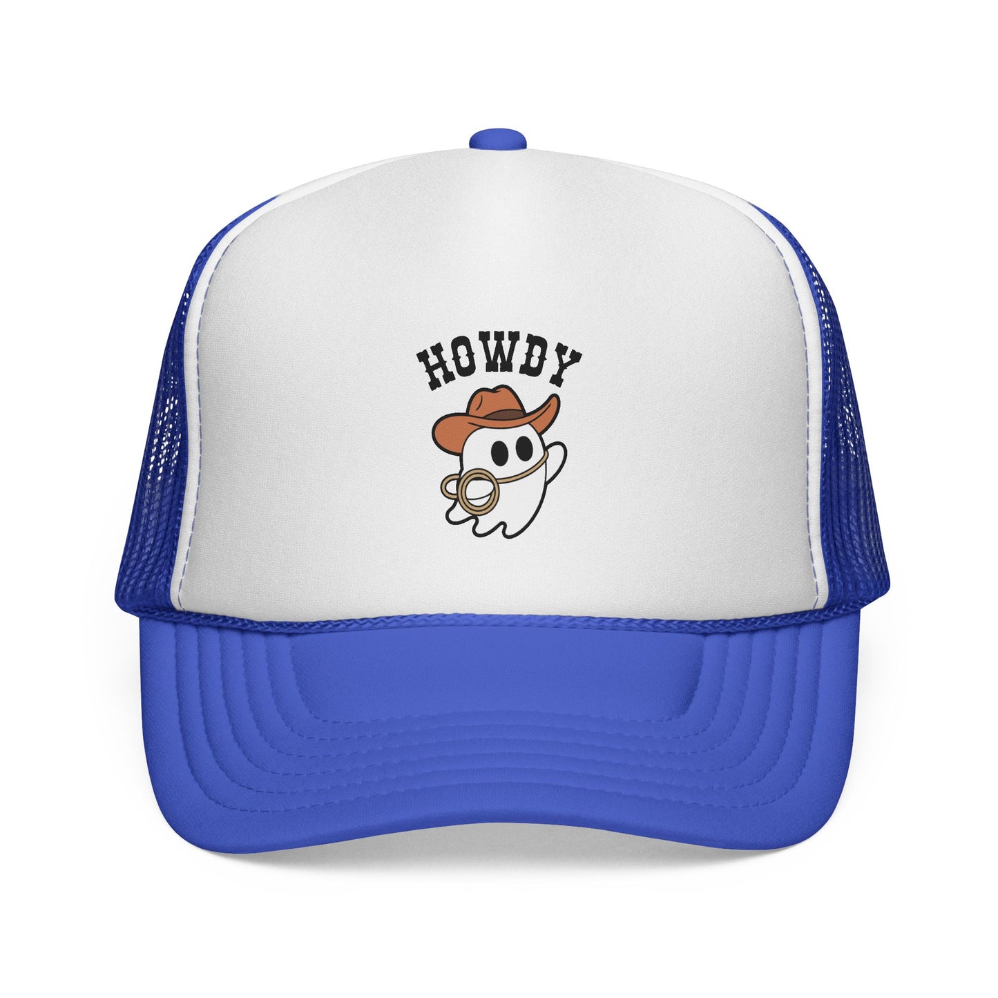 Blue and white trucker hat with a ghost in a cowboy hat and 'HOWDY' text on a white background